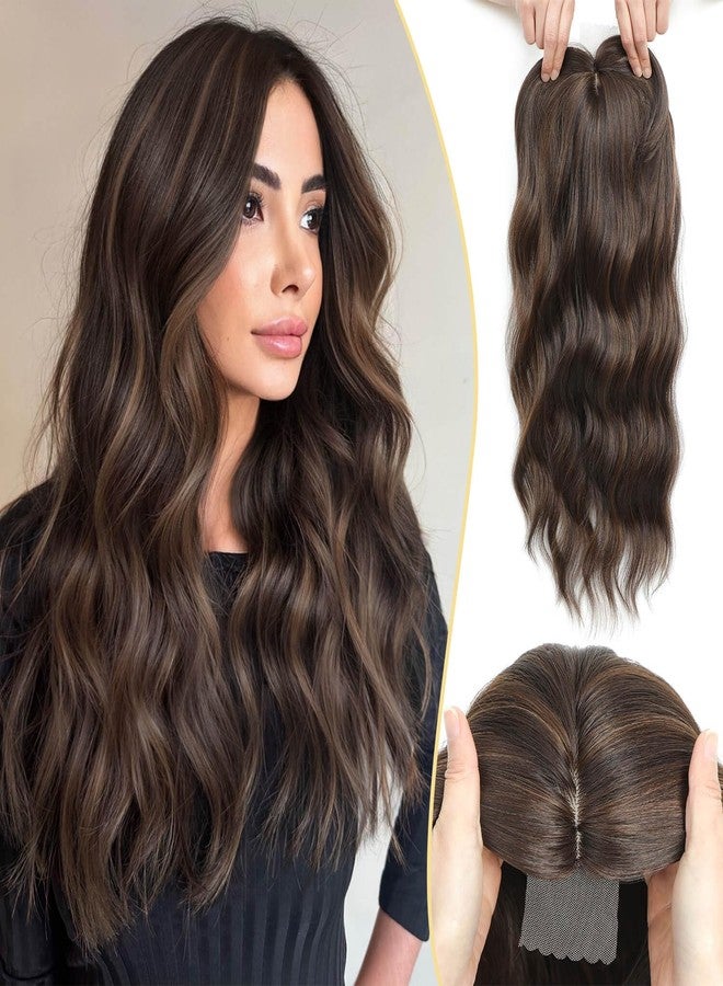 موريشي وصلات شعر مورتشي للنساء، وصلة شعر بمشبك مع غرة، طول 20 بوصة، لون بني متوسط مع خصلات فاتحة، شعر صناعي طويل مموج ومجعد للنساء - Image 1